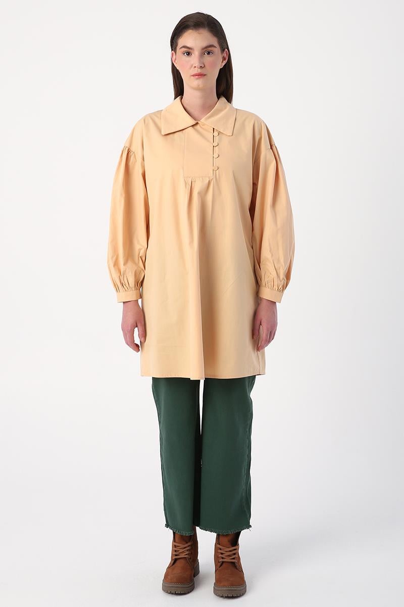 Beige-Shirt Collar Oversize Tunic with Gather Detail