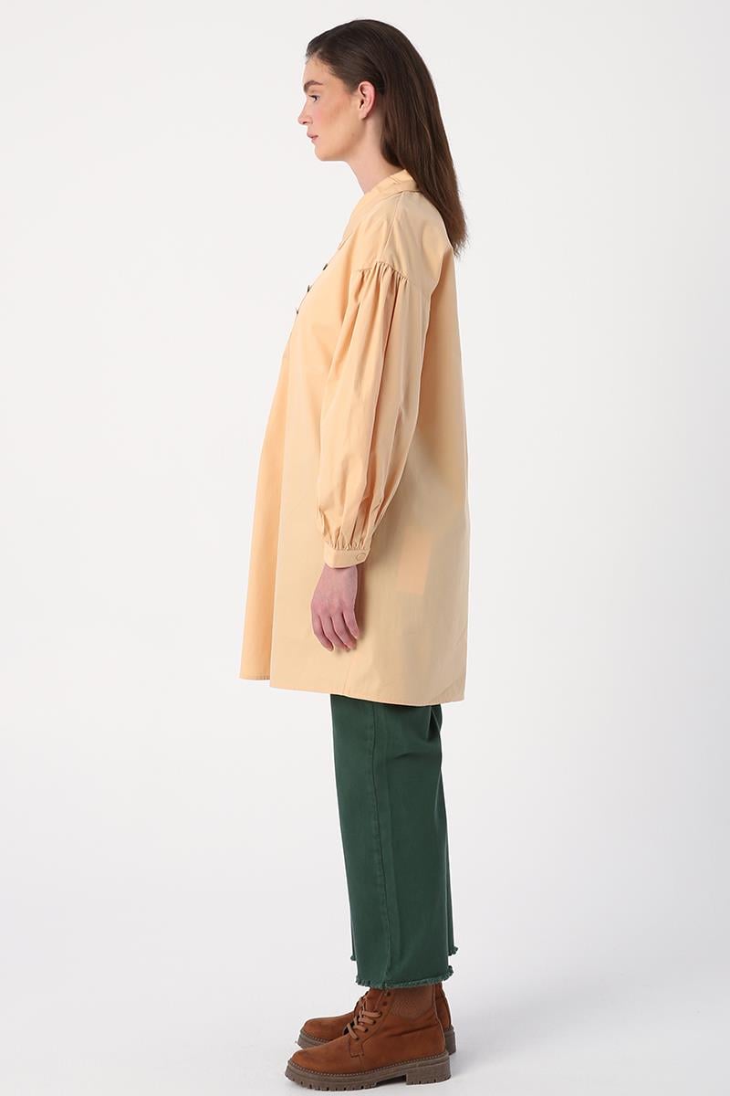 Beige-Shirt Collar Oversize Tunic with Gather Detail