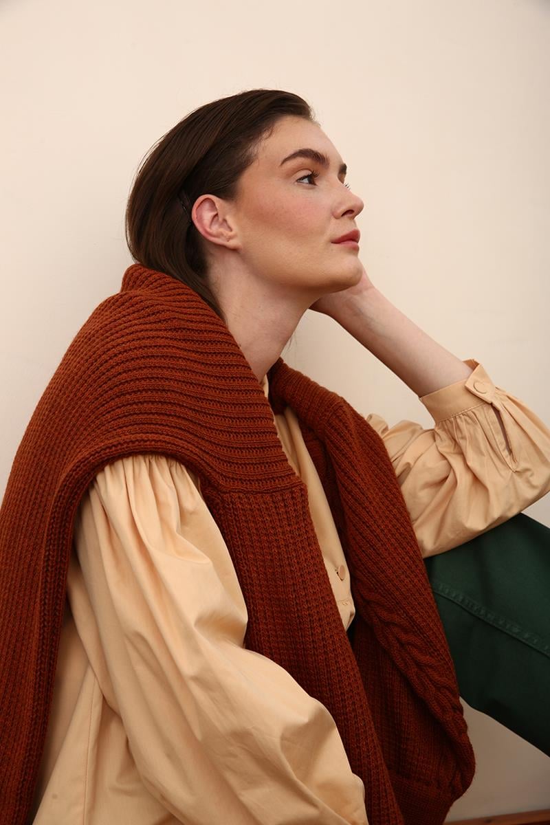 Beige-Shirt Collar Oversize Tunic with Gather Detail