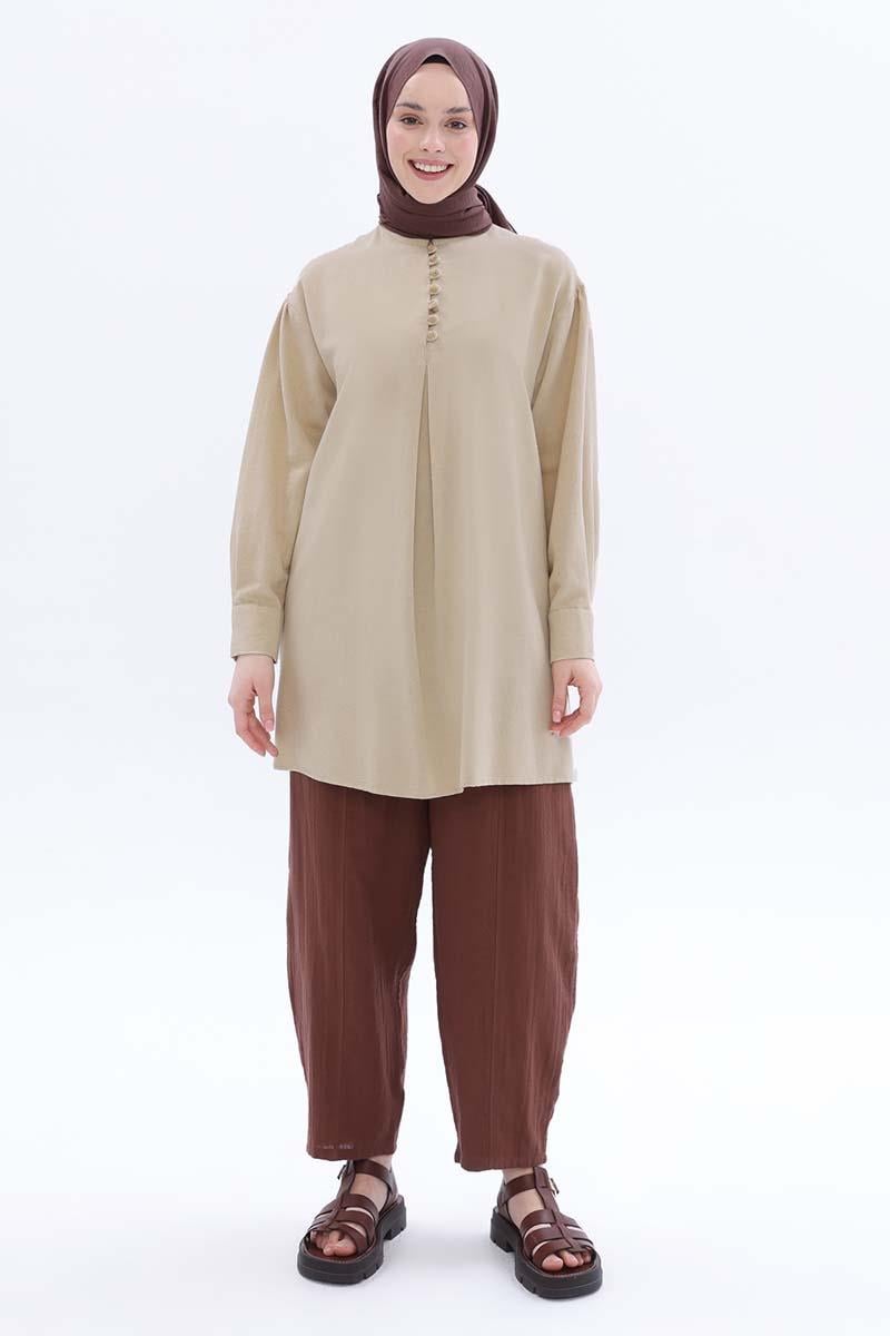 Bej-Hakim Yaka Biritli Keten Tunik