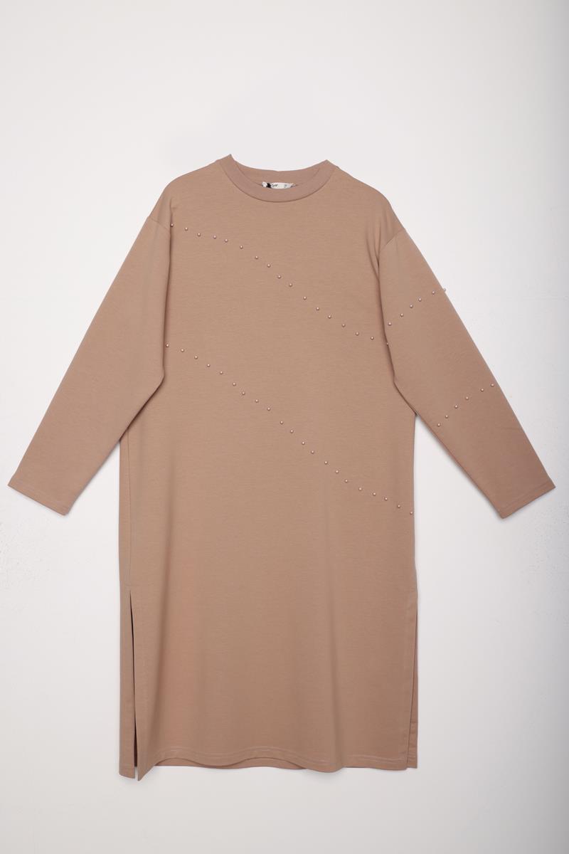 Bej-İncili Uzun Sweat Tunik