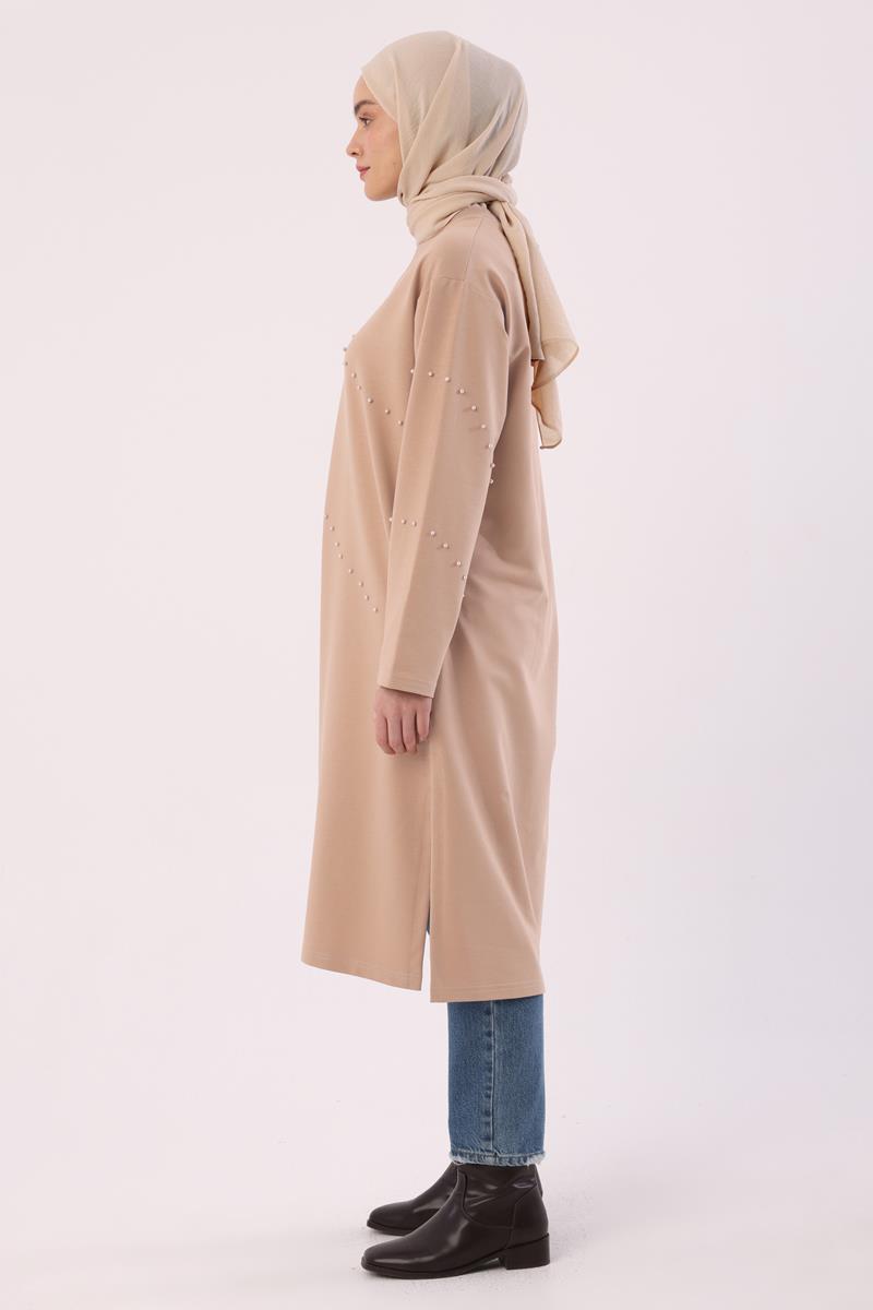 Bej-İncili Uzun Sweat Tunik
