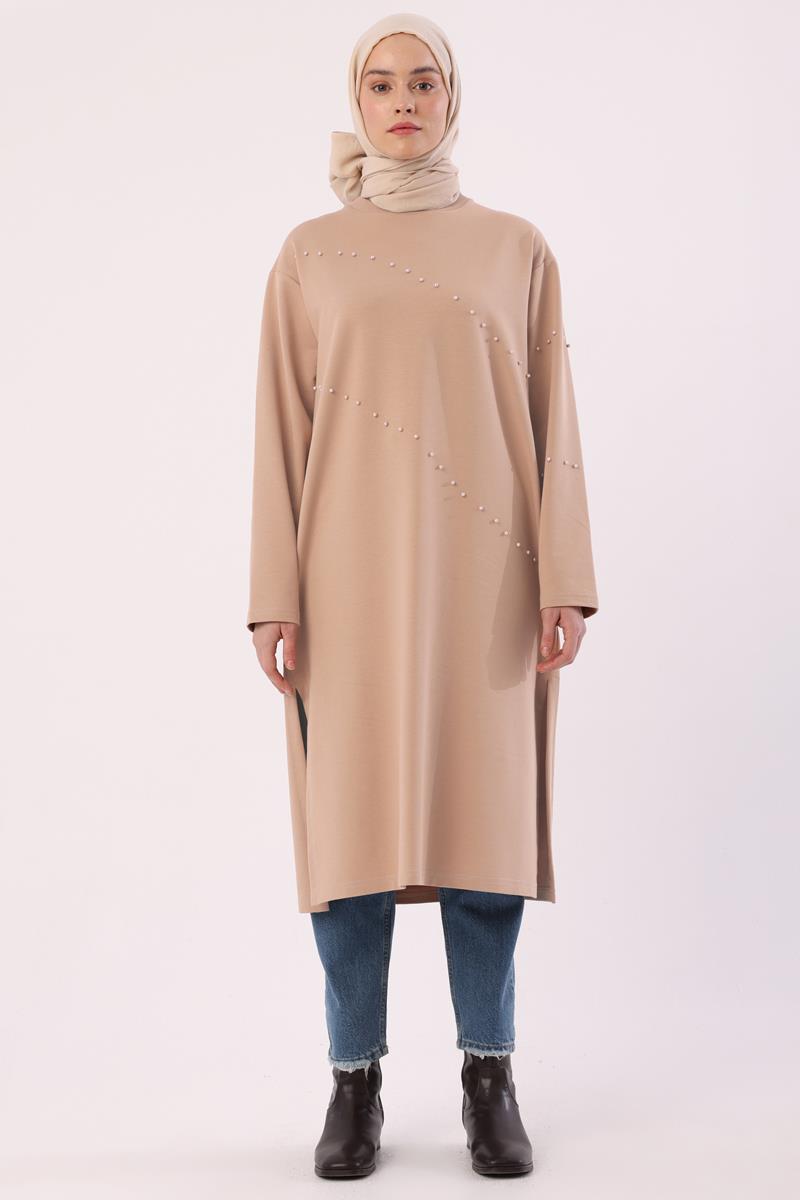 Bej-İncili Uzun Sweat Tunik