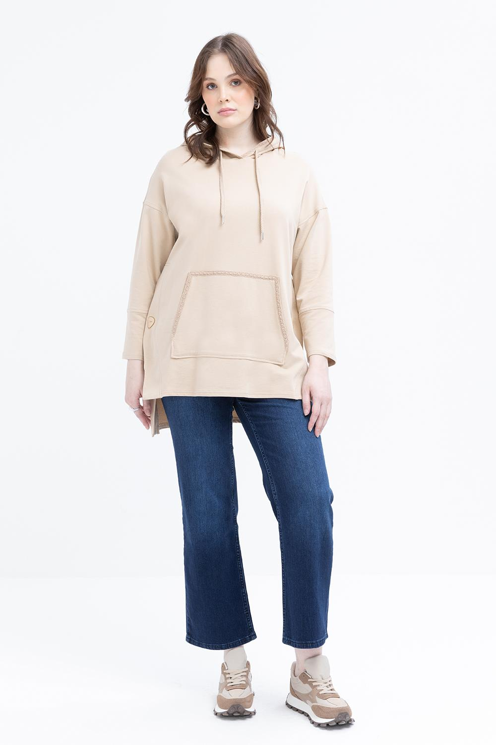 Beige-Hooded Sweat Tunic