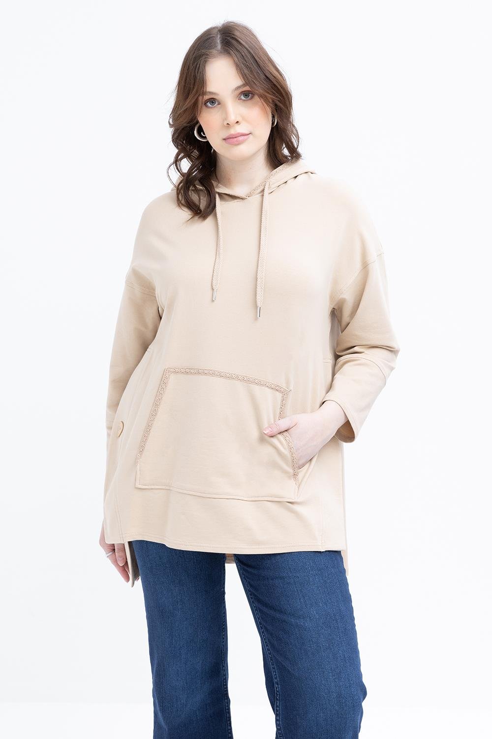 Beige-Hooded Sweat Tunic