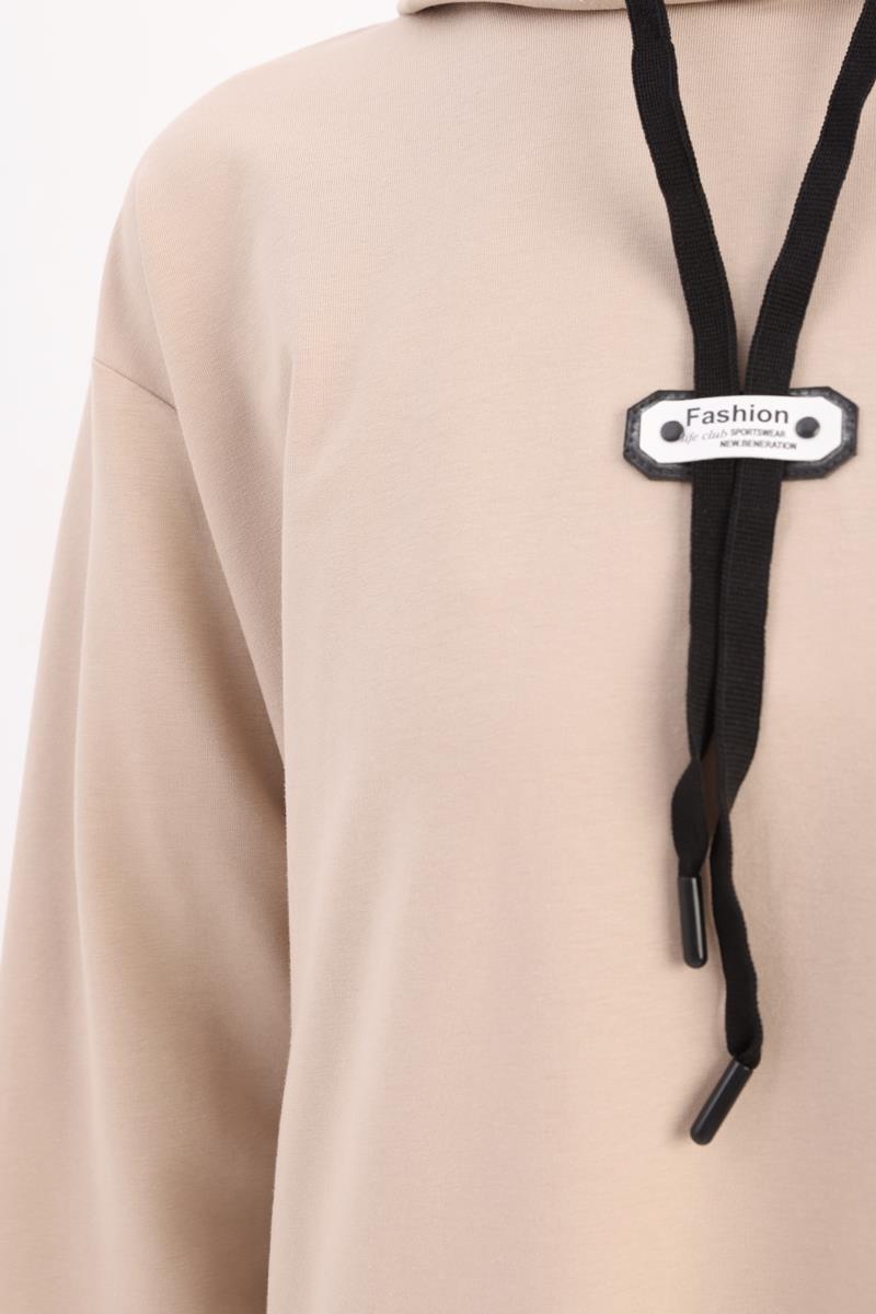 Bej-Kapüşonlu Deri Aplikeli Sweat Tunik