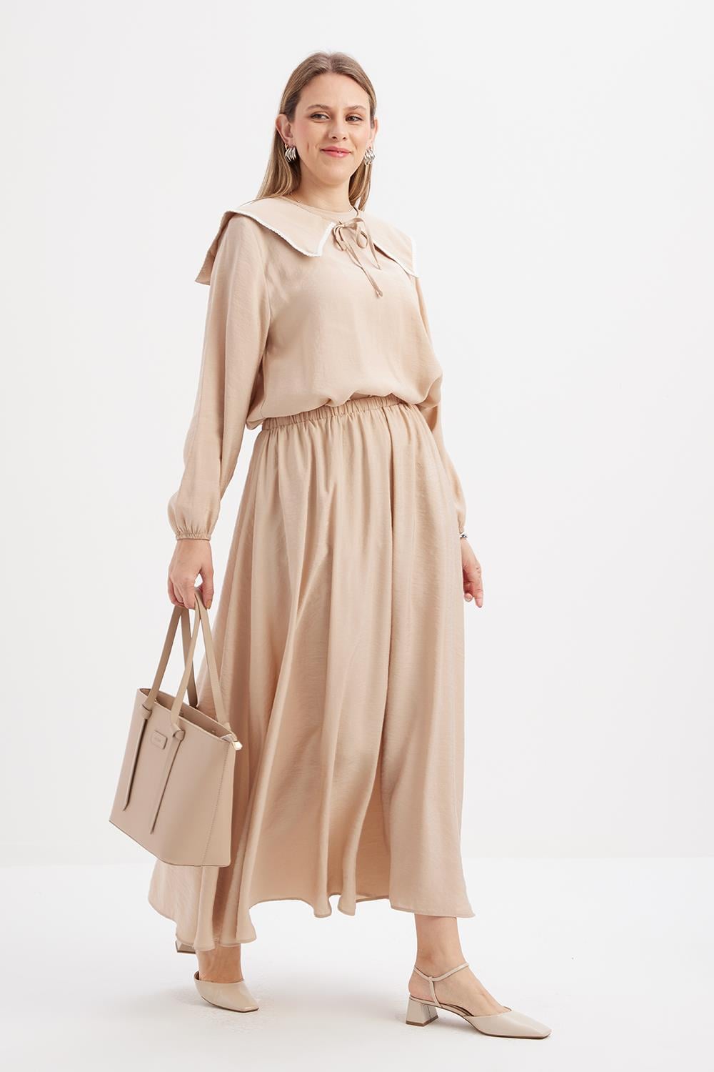 Beige-Patterned Pleated Skirt