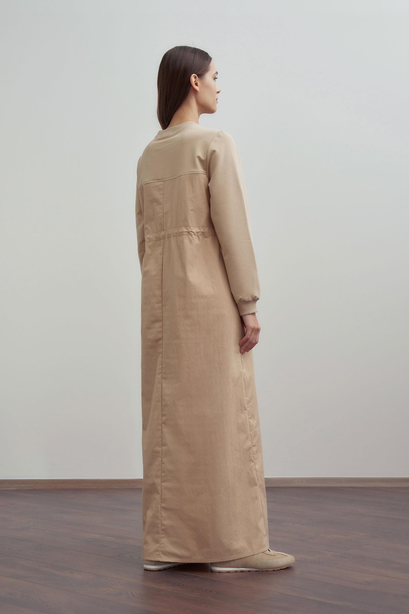 Bej-Lastikli Bel Ayarlı Elbise