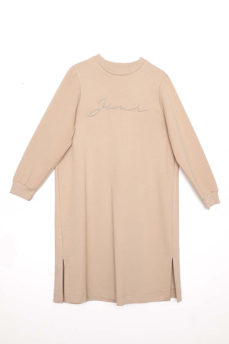 Bej-Nakışlı Pilikaşeli Sweat Tunik