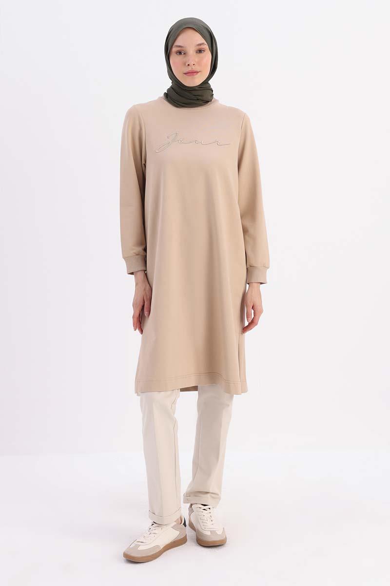 Bej-Nakışlı Pilikaşeli Sweat Tunik