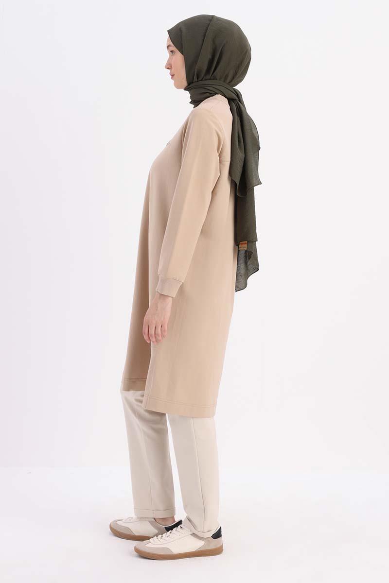 Bej-NAKIŞLI PİLİKAŞELİ SWEAT TUNİK