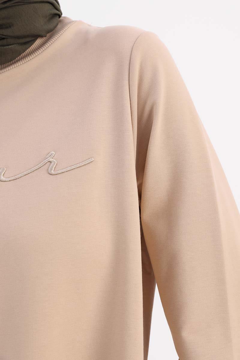Bej-NAKIŞLI PİLİKAŞELİ SWEAT TUNİK