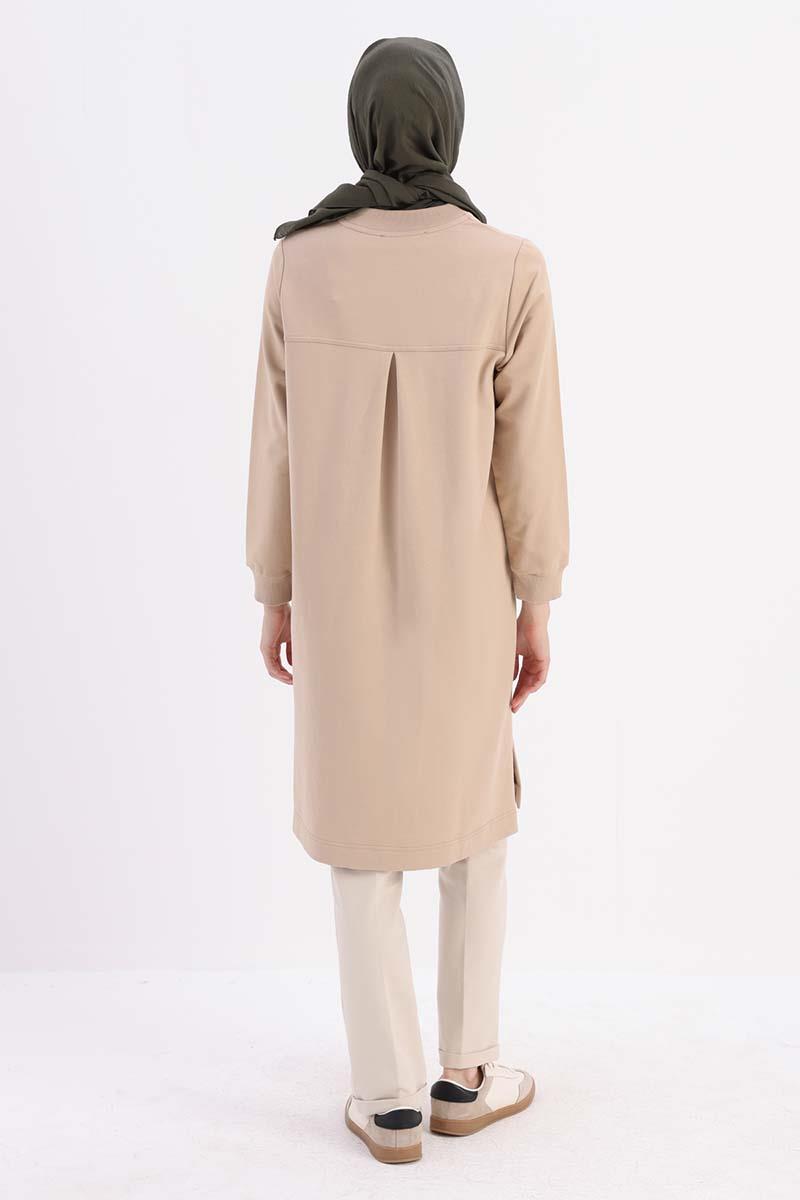 Bej-NAKIŞLI PİLİKAŞELİ SWEAT TUNİK