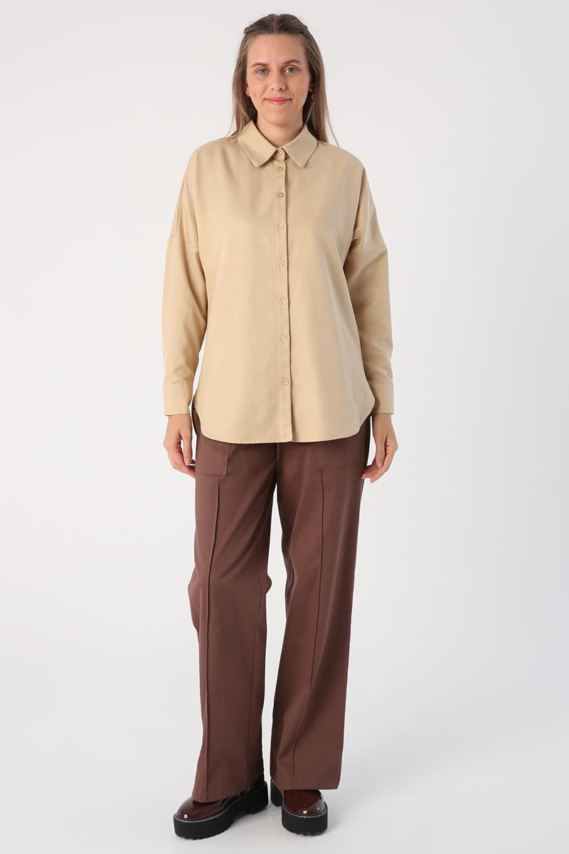 Bej-Oversize Basic Gömlek