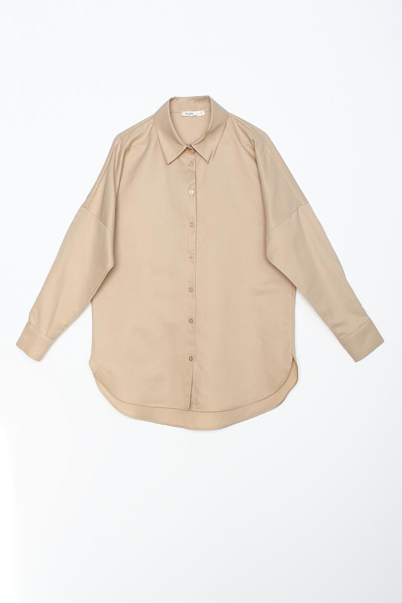 Bej-Oversize Basic Gömlek
