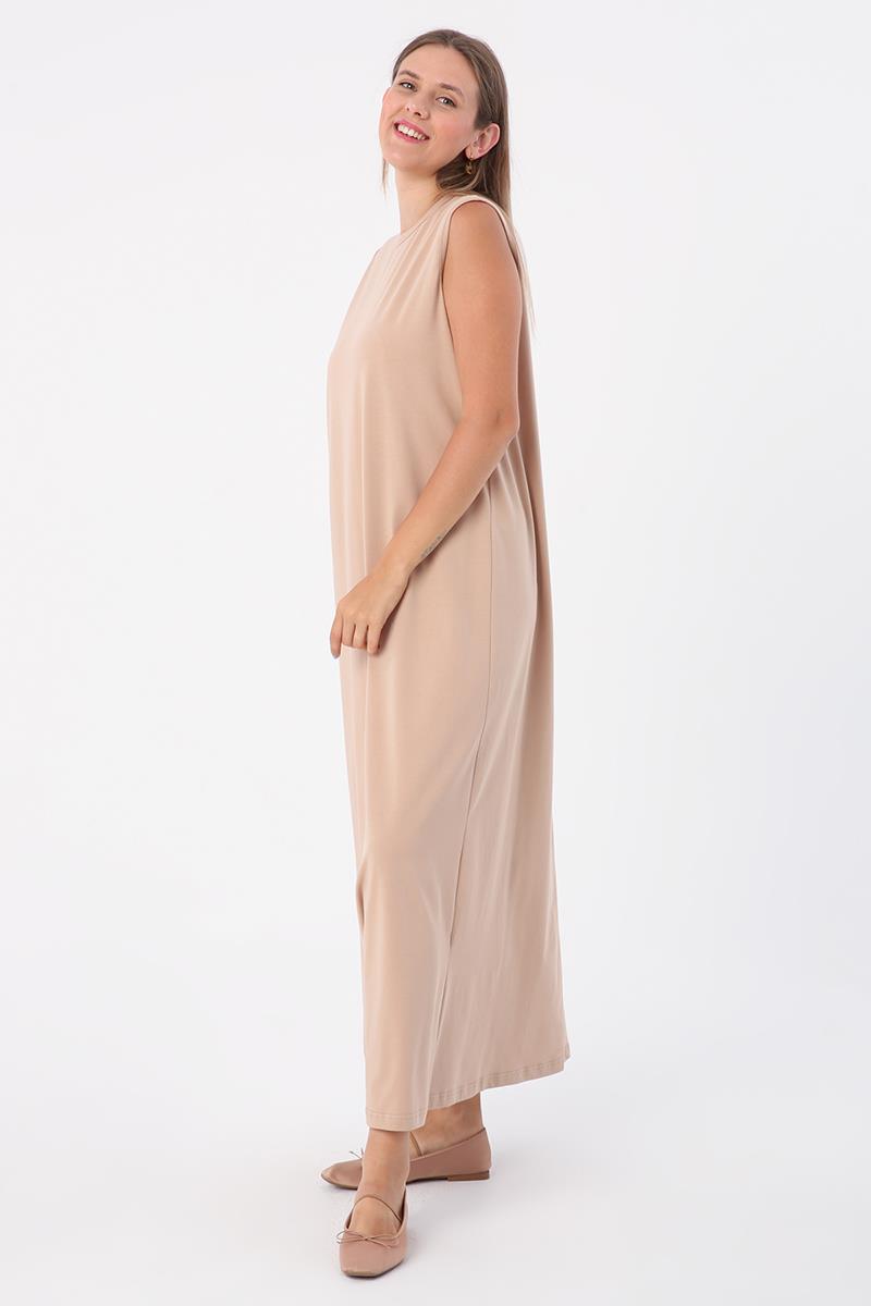 Bej-Pamuklu Bisiklet Yaka Kolsuz İçlik Elbise