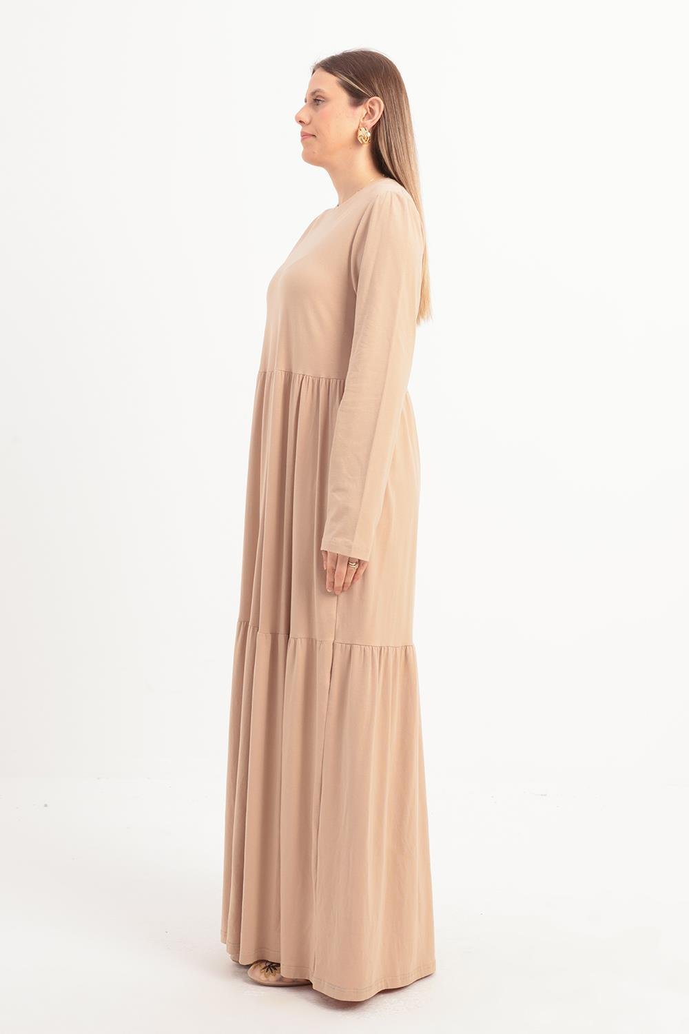 Bej-Pamuklu Fırfırlı Cepli Penye Elbise