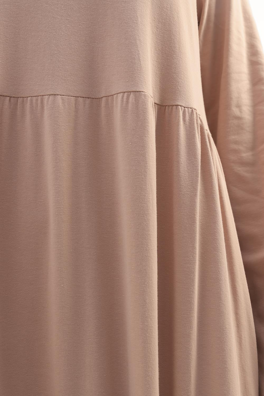 Bej-Pamuklu Fırfırlı Cepli Penye Elbise