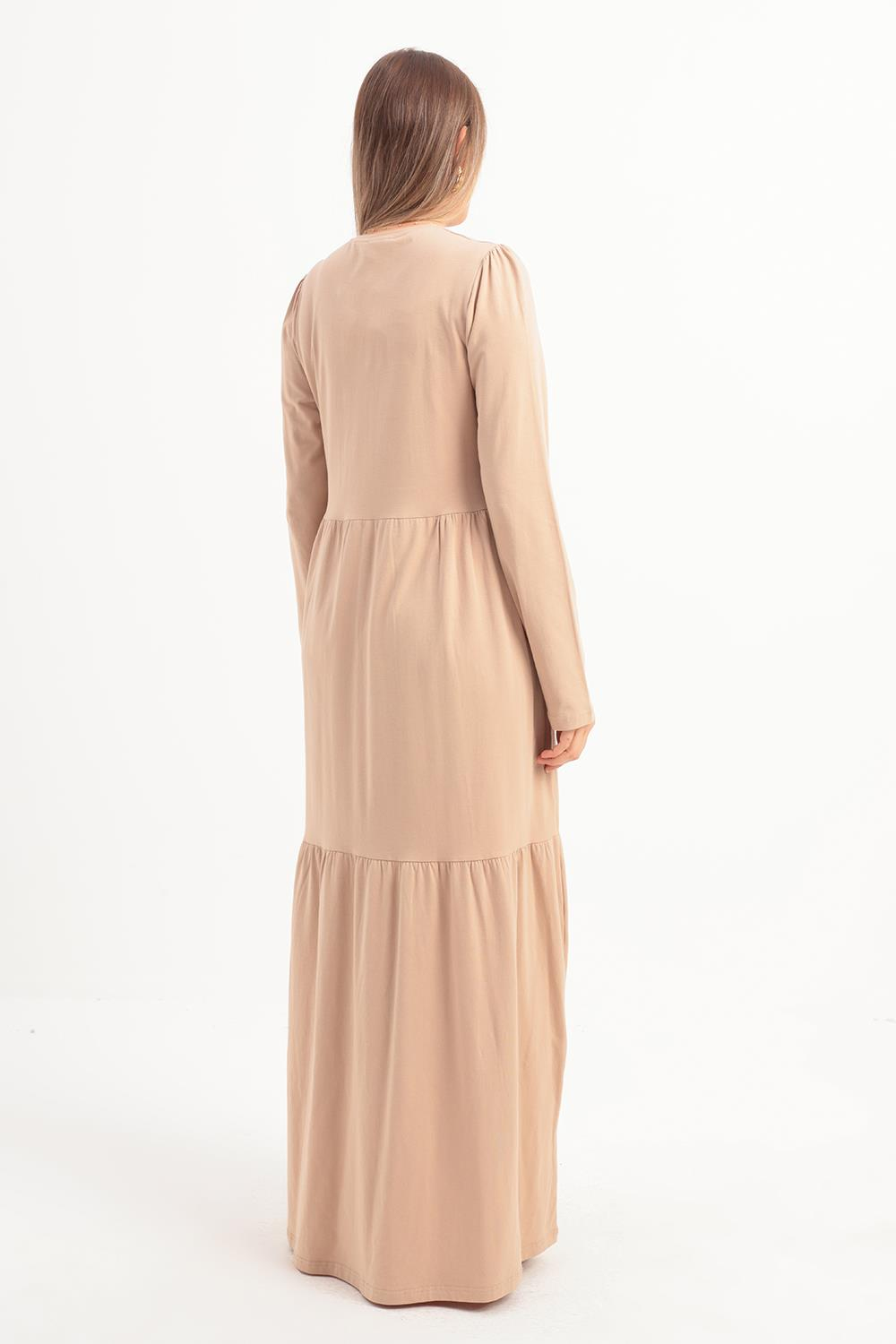 Bej-Pamuklu Fırfırlı Cepli Penye Elbise