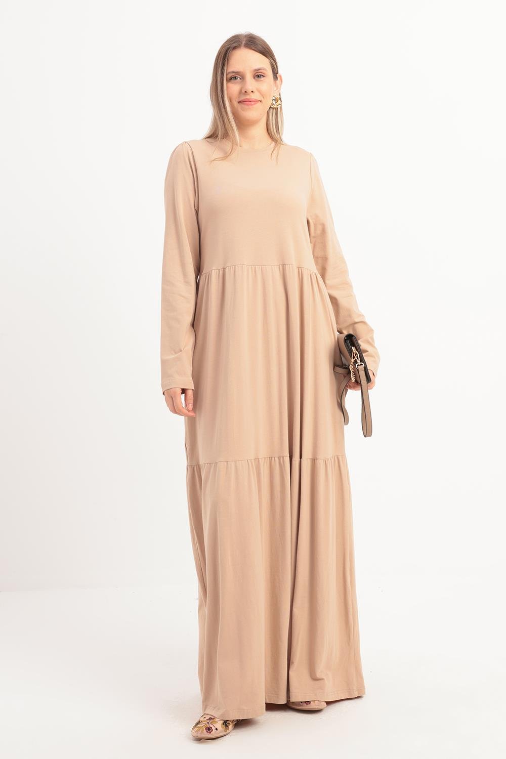 Bej-Pamuklu Fırfırlı Cepli Penye Elbise