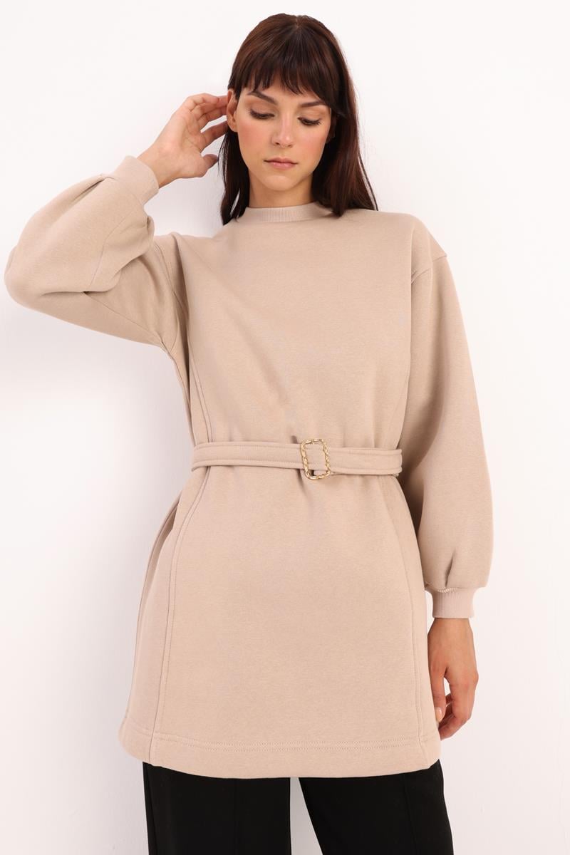 Beige-Cotton Belted Sweat Tunic