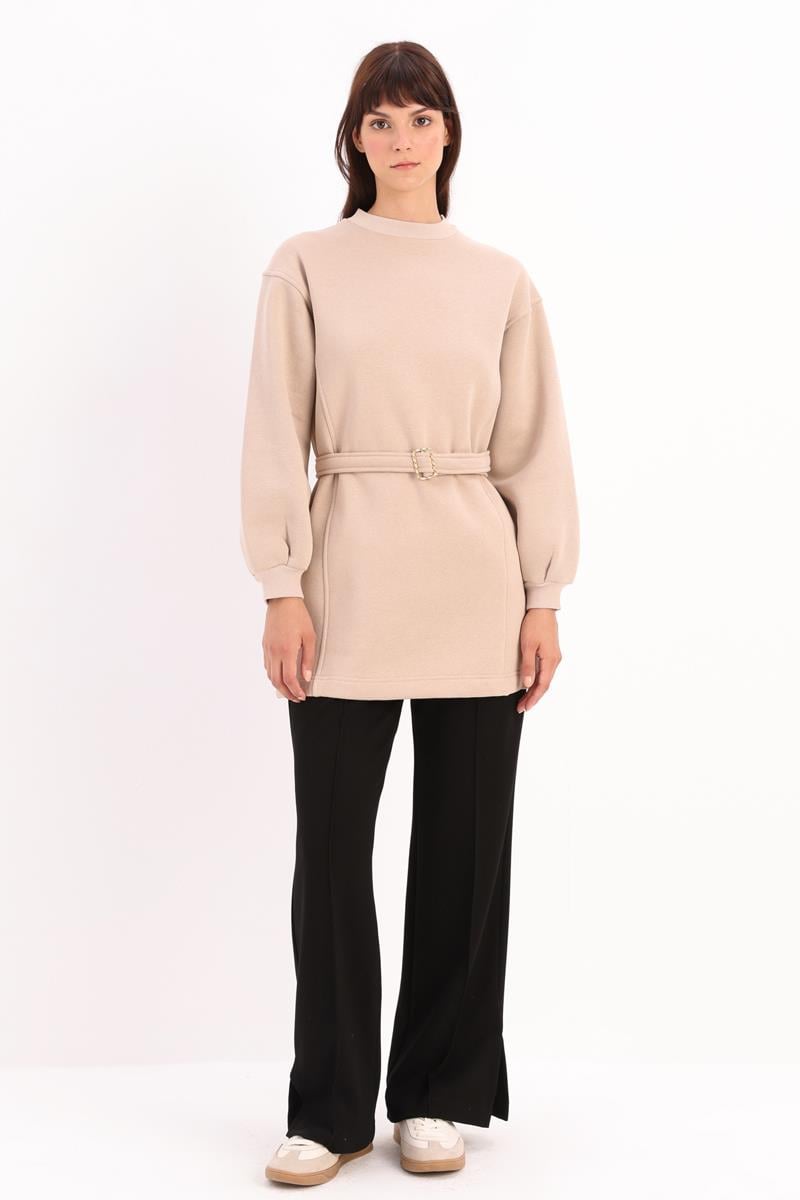 Beige-Cotton Belted Sweat Tunic