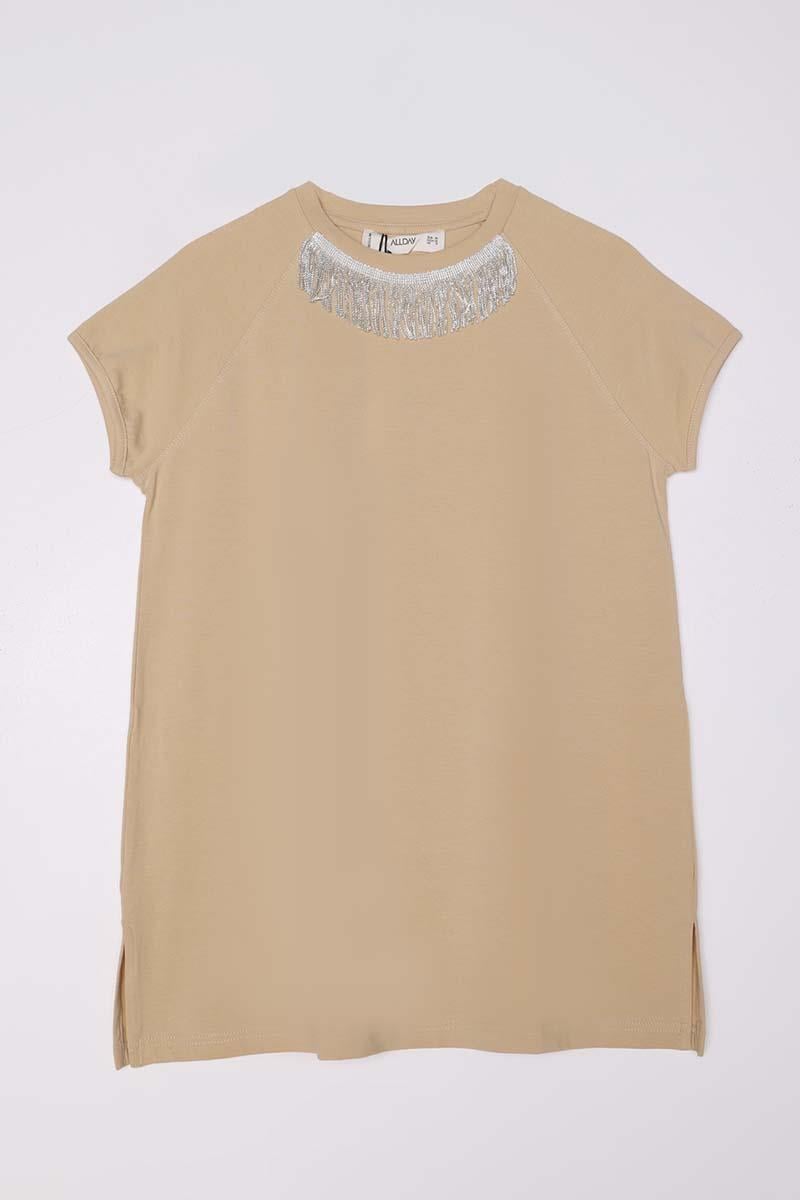 Bej-Pamuklu Püskül Detaylı Kısa Kollu T-Shirt