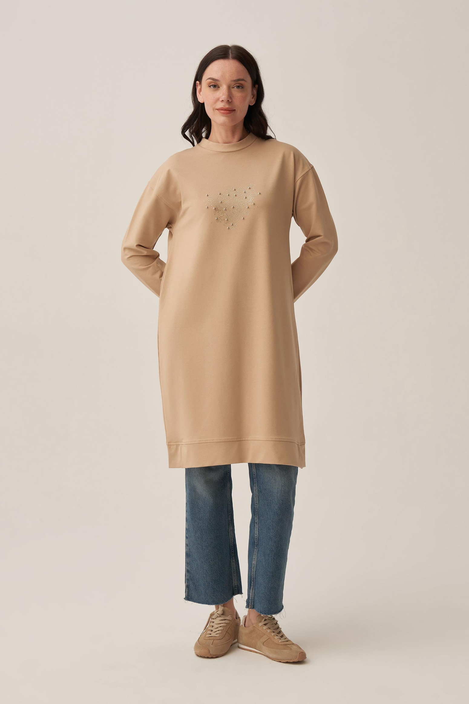 Bej-Pamuklu Taşlı Tunik