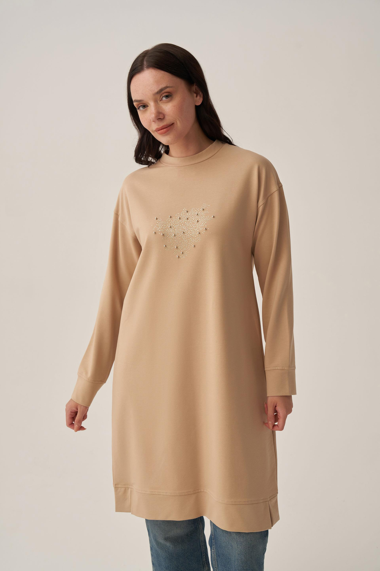 Bej-Pamuklu Taşlı Tunik