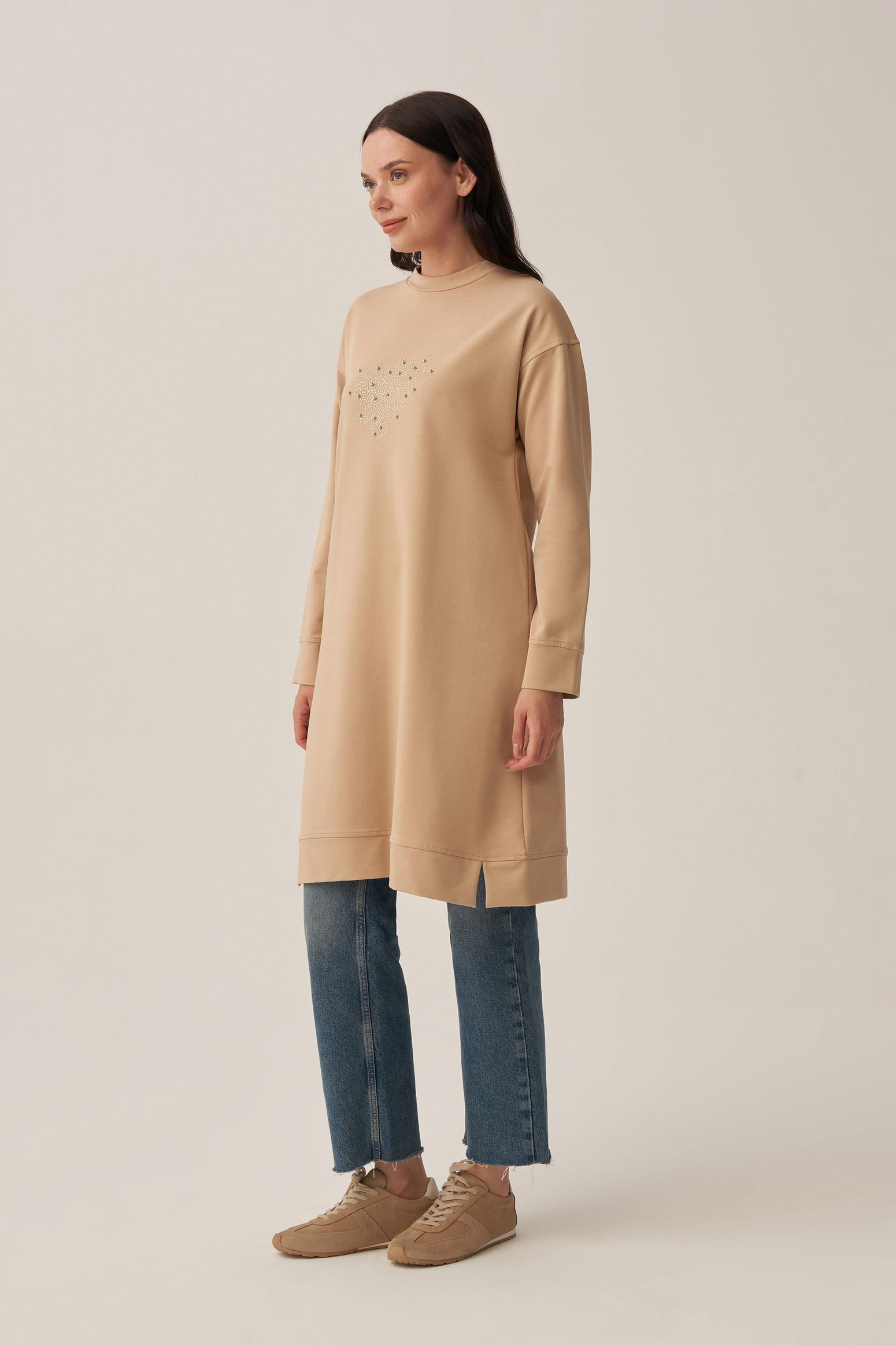 Bej-Pamuklu Taşlı Tunik