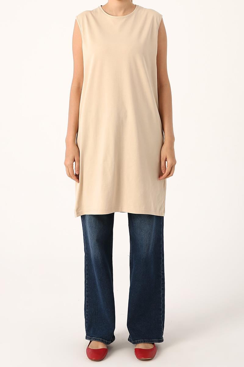 Beige-Cotton Collar Piping Sleeveless Tunic