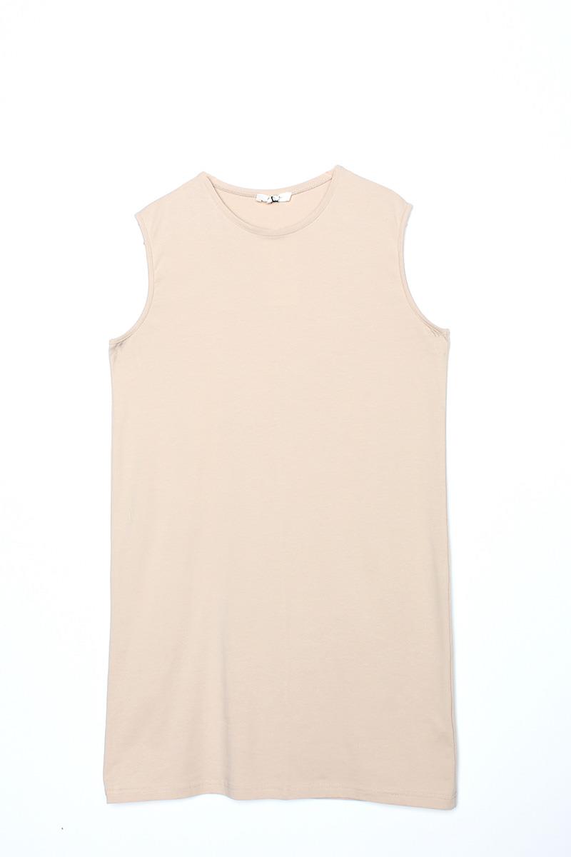 Beige-Cotton Collar Piping Sleeveless Tunic