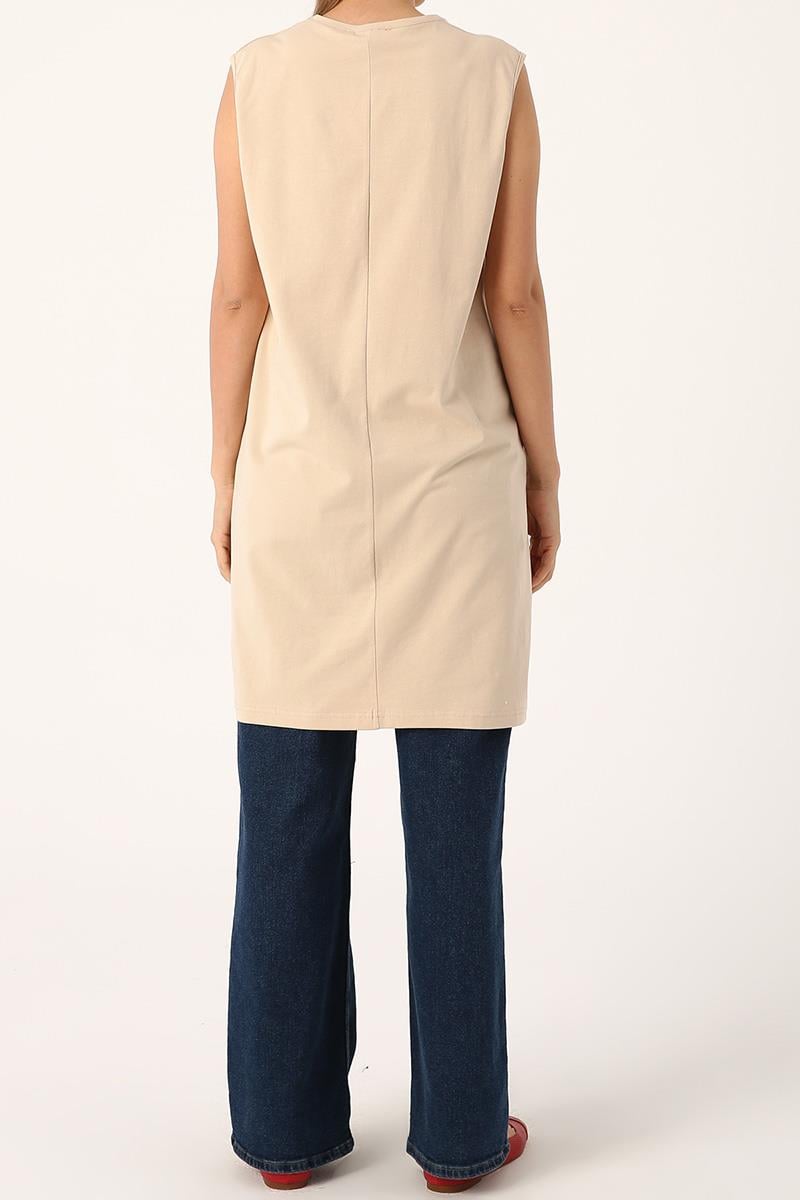 Beige-Cotton Collar Piping Sleeveless Tunic
