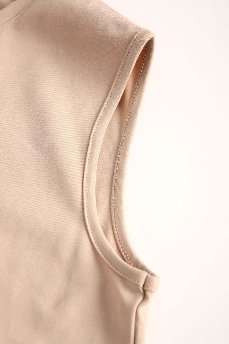 Beige-Cotton Collar Piping Sleeveless Tunic