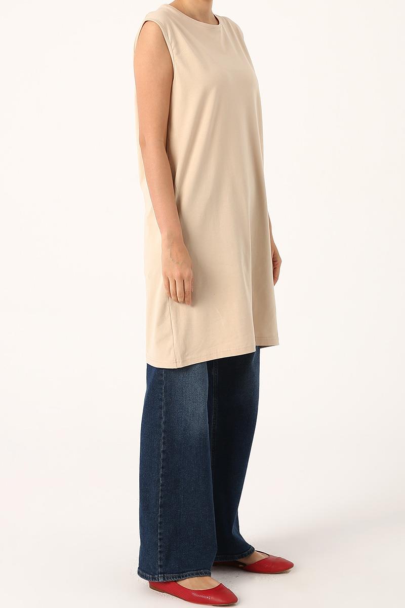 Beige-Cotton Collar Piping Sleeveless Tunic