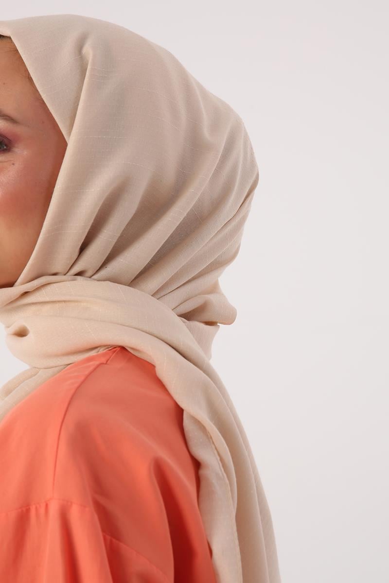 Bej-Şerit Detaylı Pamuklu Şal
