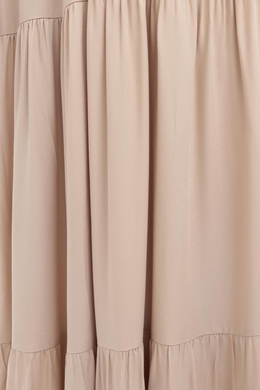 Bej-Yakası Fırfır Detaylı Büzgülü Elbise