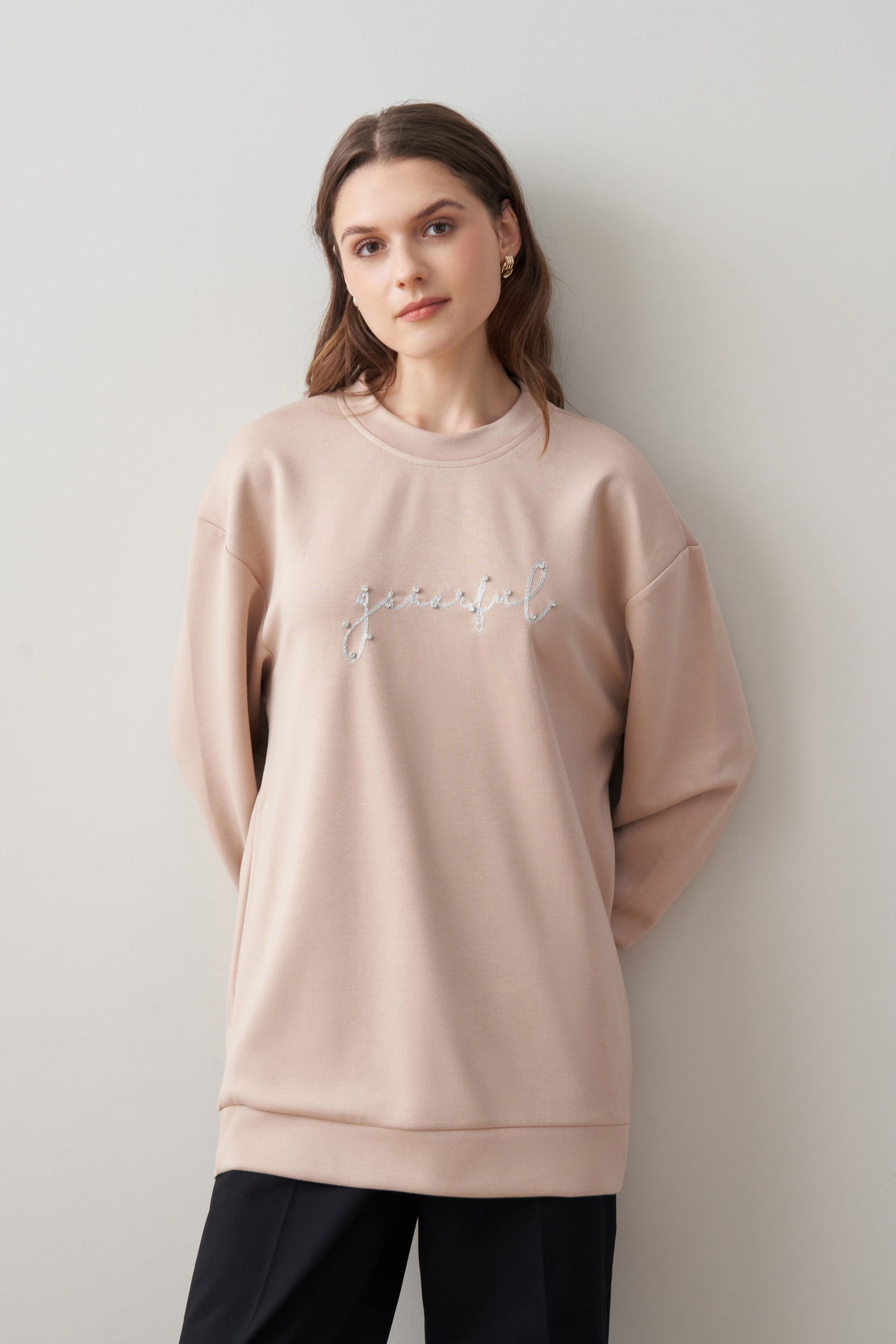 Bej-Yumuşak Dokulu Sweatshirt