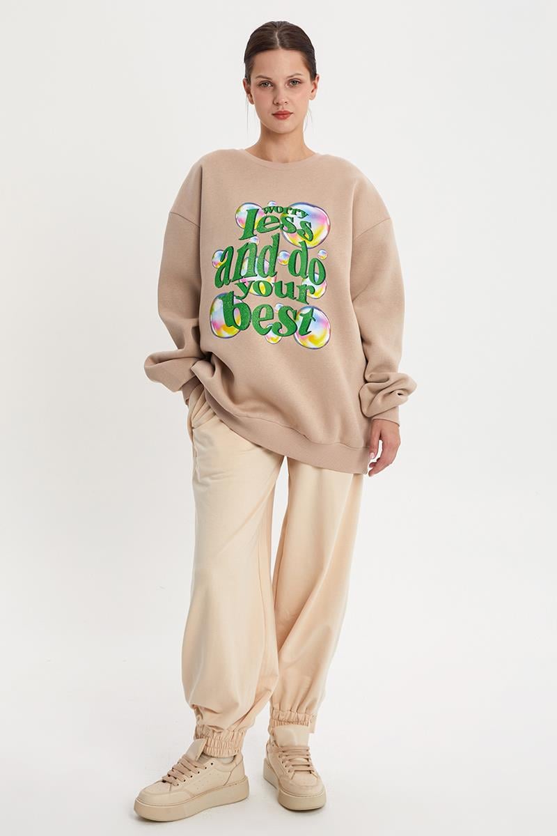 Bej01-Baloncuk Baskılı Oversize Sweatshirt