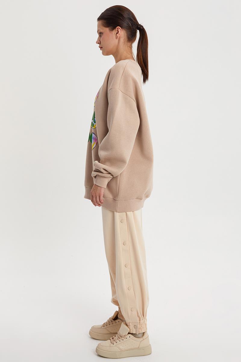 Bej01-Baloncuk Baskılı Oversize Sweatshirt