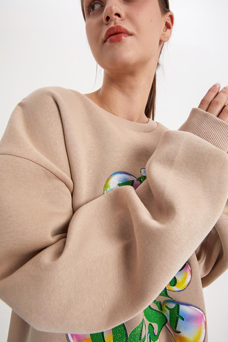 Bej01-Baloncuk Baskılı Oversize Sweatshirt