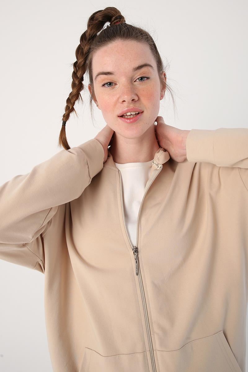 Bej01-Fermuarlı Sweat Hırka