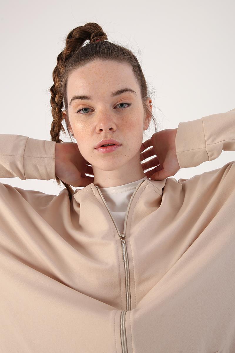 Bej01-Fermuarlı Sweat Hırka