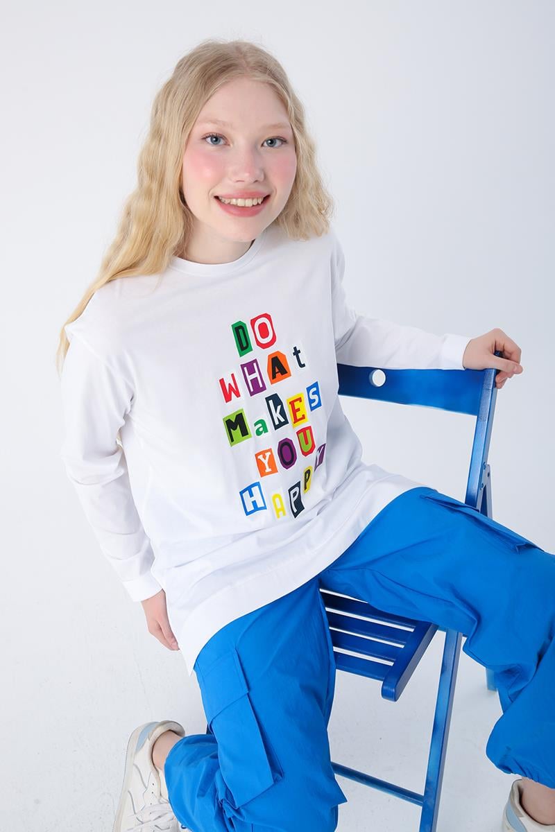 Beyaz-%100 Pamuk Renkli Baskılı T-Shirt Tunik
