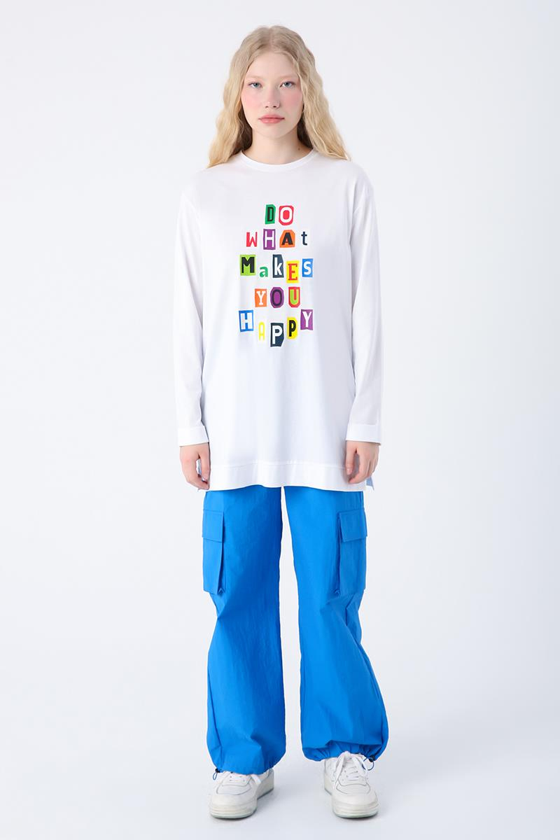 Beyaz-%100 Pamuk Renkli Baskılı T-Shirt Tunik