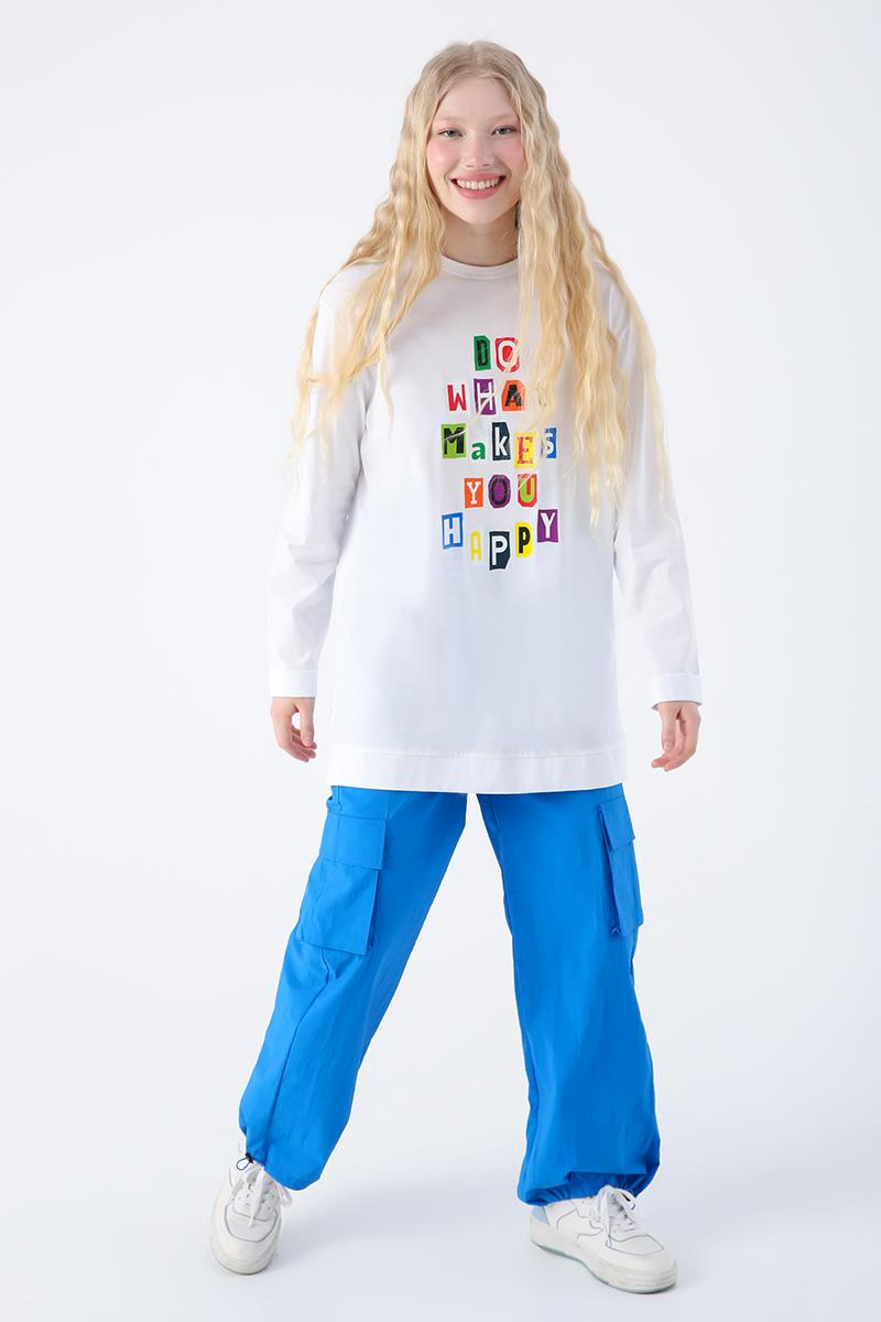 Beyaz-%100 Pamuk Renkli Baskılı T-Shirt Tunik