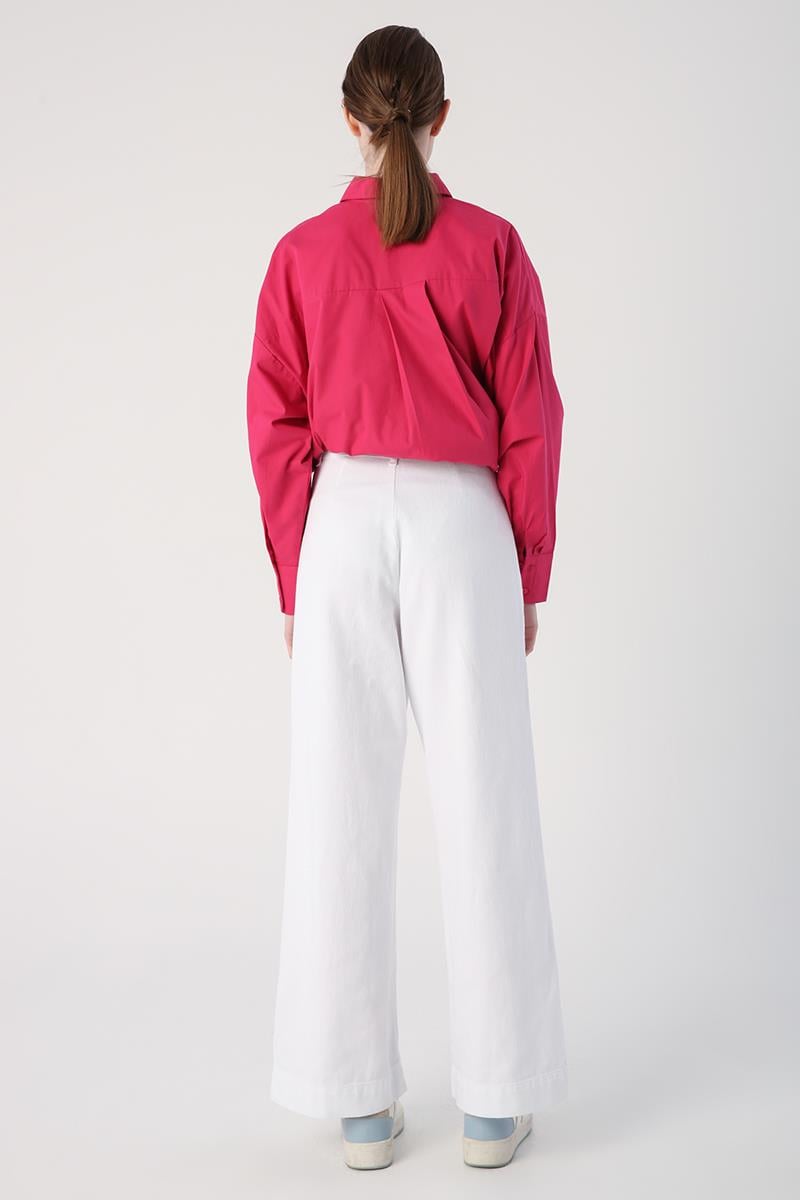 White-100% Cotton High Waist Wide Leg Trousers
