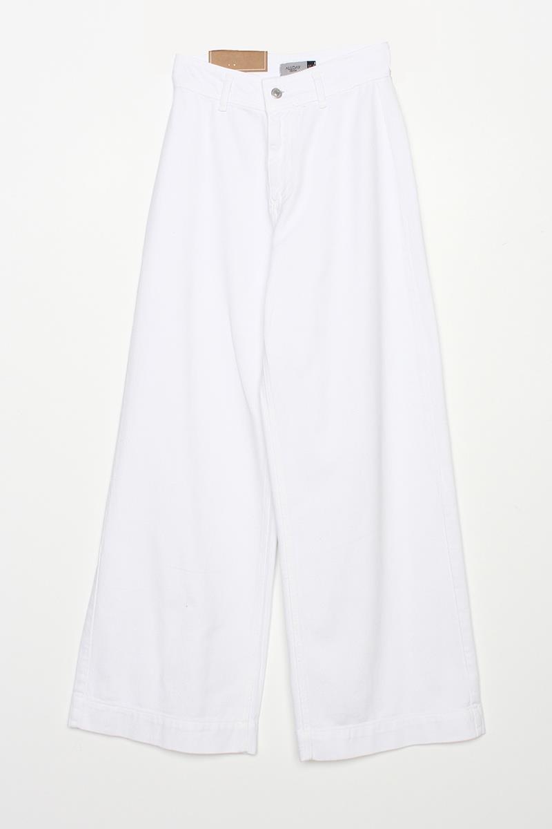 White-100% Cotton High Waist Wide Leg Trousers