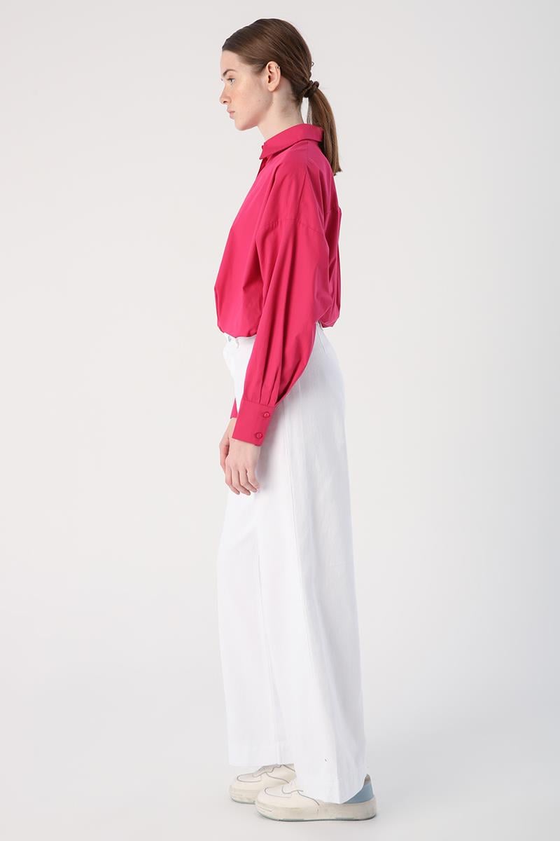 White-100% Cotton High Waist Wide Leg Trousers