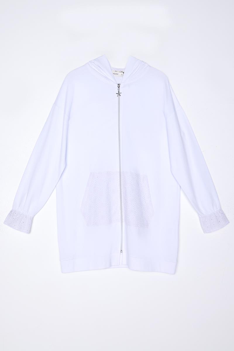 Beyaz-%100 Pamuklu Fisto Sweat Hırka